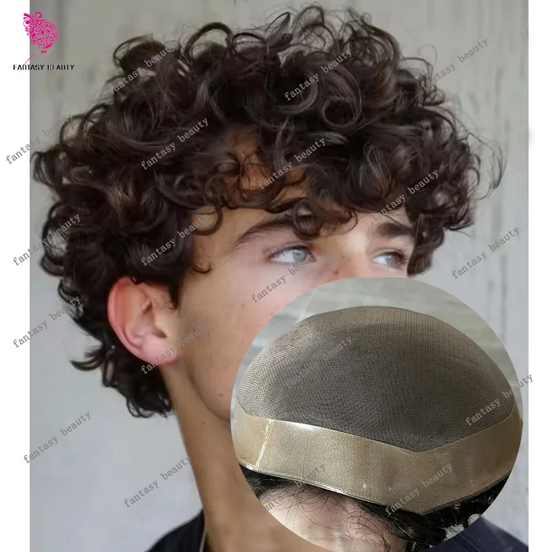 

Natural Frontline Curly Men's 20mm Wave Wig Durable Fine Mono Mesh Lace #3 Light Brown Black Human Hair Man Capillary Prosthesis