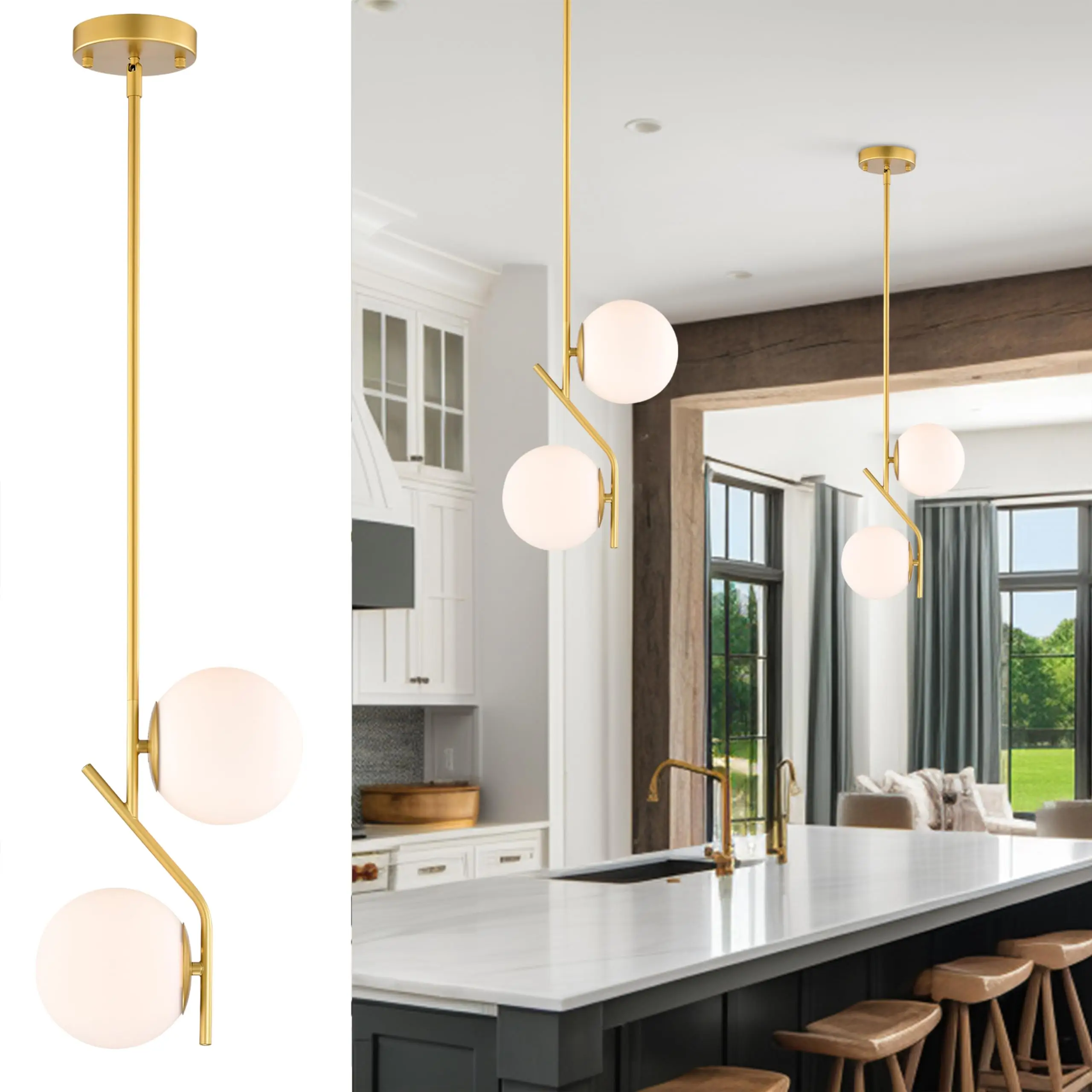 

Glass Globe Pendant Light Gold Pendant Lanp Fixture Kitchen Island Modern Ceiling Pendant Lamp 2-Light E14 Home and Decoration