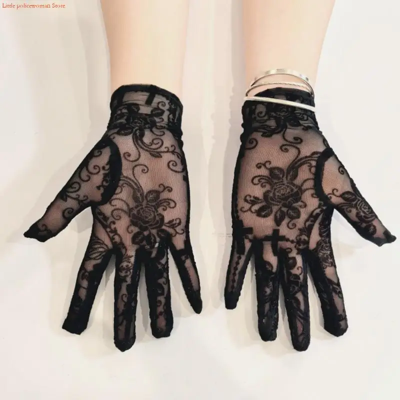 F92D Gothic Mesh Gloves Elastic Wrist Design for Halloween Cosplay Costume Accessories and Retro Themed Event