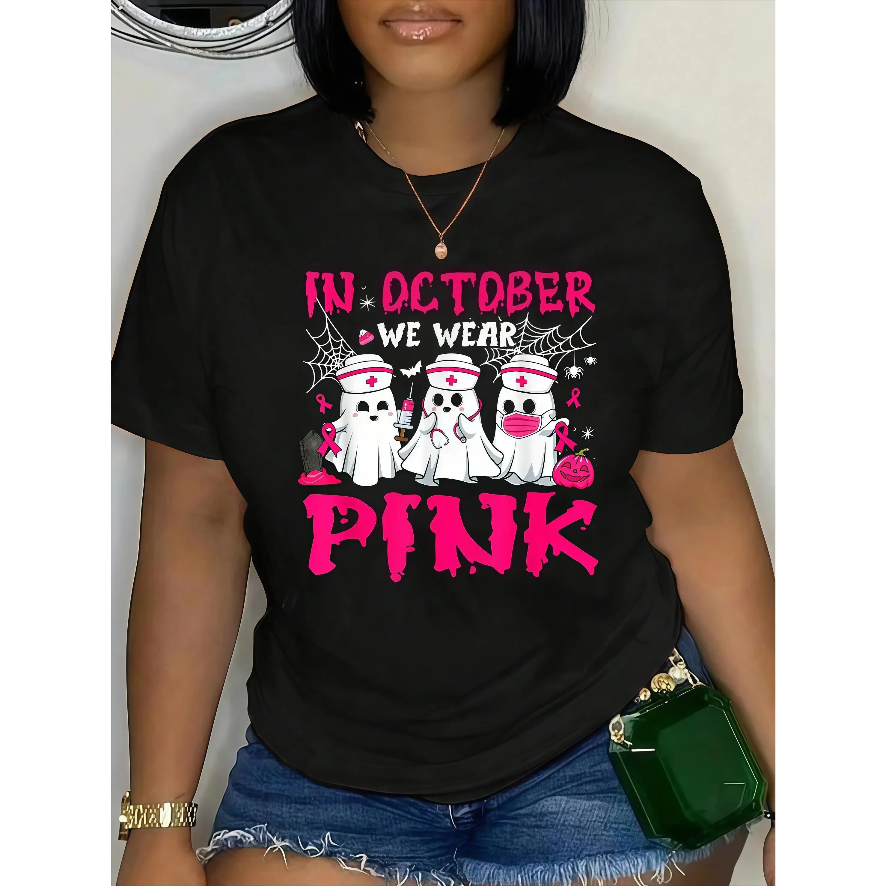 

In October We Wear Pink T-Shirt, Breast Cancer Awareness Halloween Nurse Ghost Graphic Tee, Funny Pink Ribbon Fall Shirt