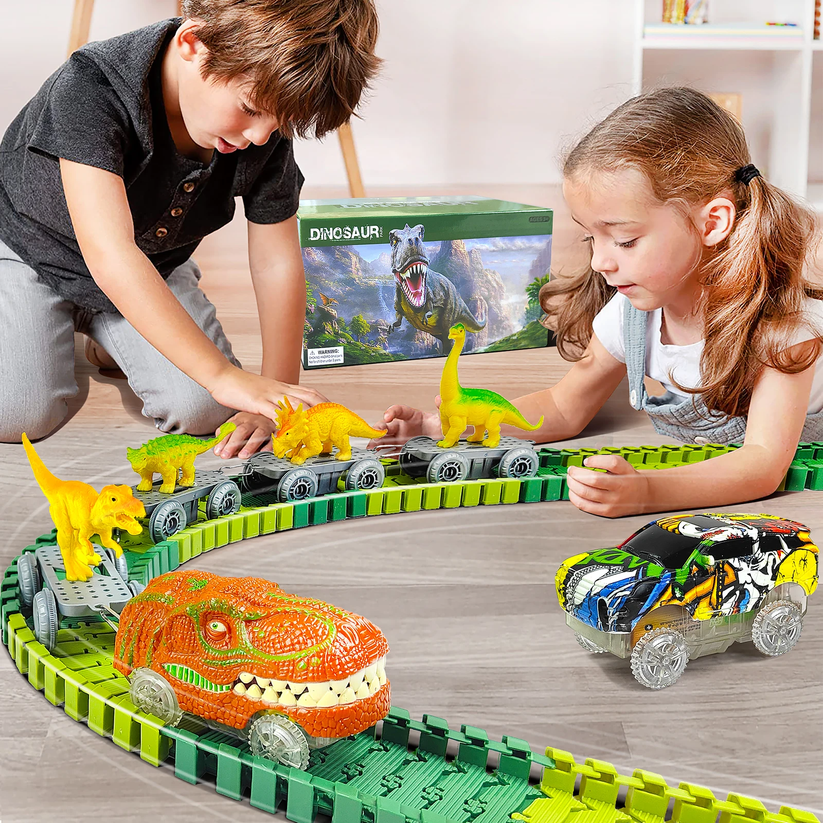 Dinosaur Toys train, Dinosaur World Road Race Car Track, Flexible Track Playset  for 3 4 5 6 +Year Up Old boy Girls Gift