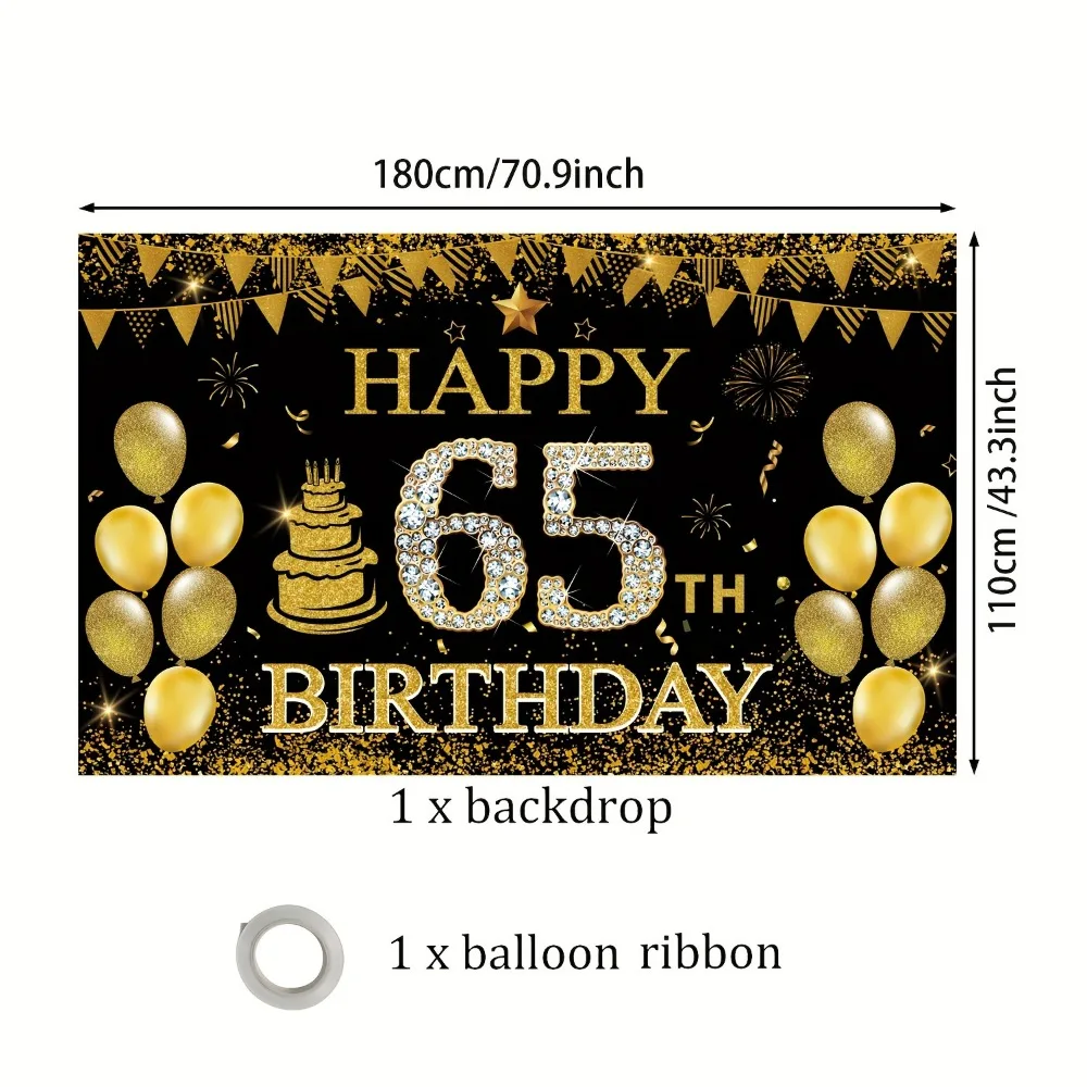 65th Birthday Party Decoration Banner - Black Polyester Backdrop with Gold Balloons & Cake Design for Men and Womenncluded