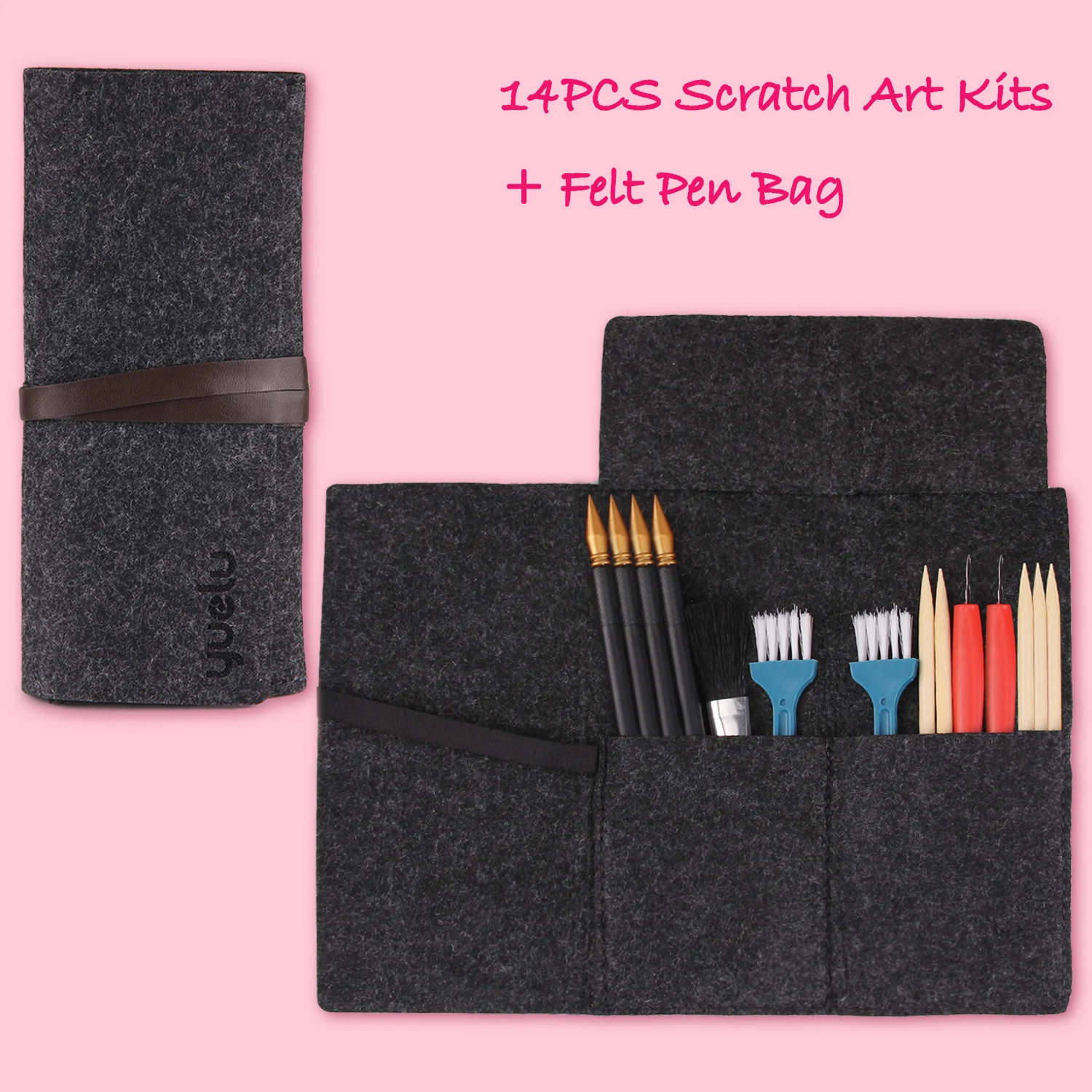 Kids 14PCS Scratch Tools Toy with Felt Storage Bag Scratch Paper Pens Bamboo Sticks Scraper Repair Scratch Pen Black Brush