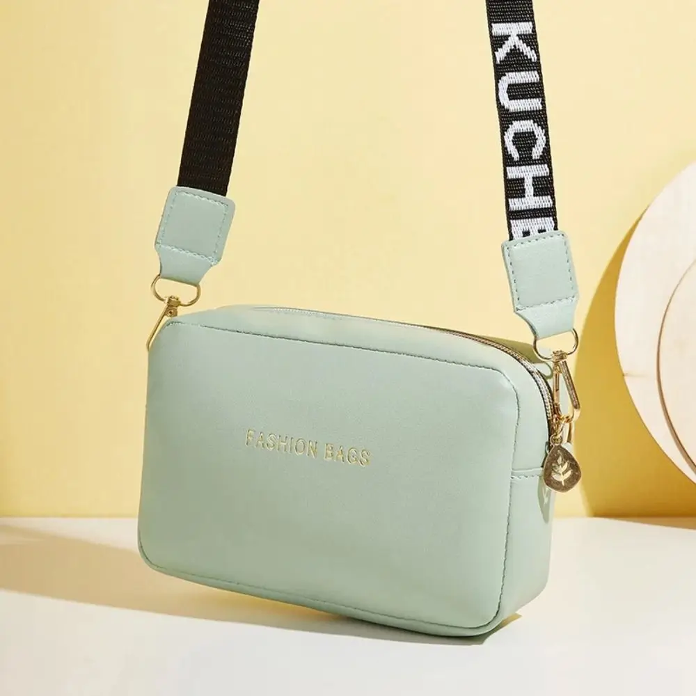 Simple Designer Wide Letter Strap Women Handbag PU Leather Square Shoulder Bag Travel Purse Small Phone Crossbody Bag