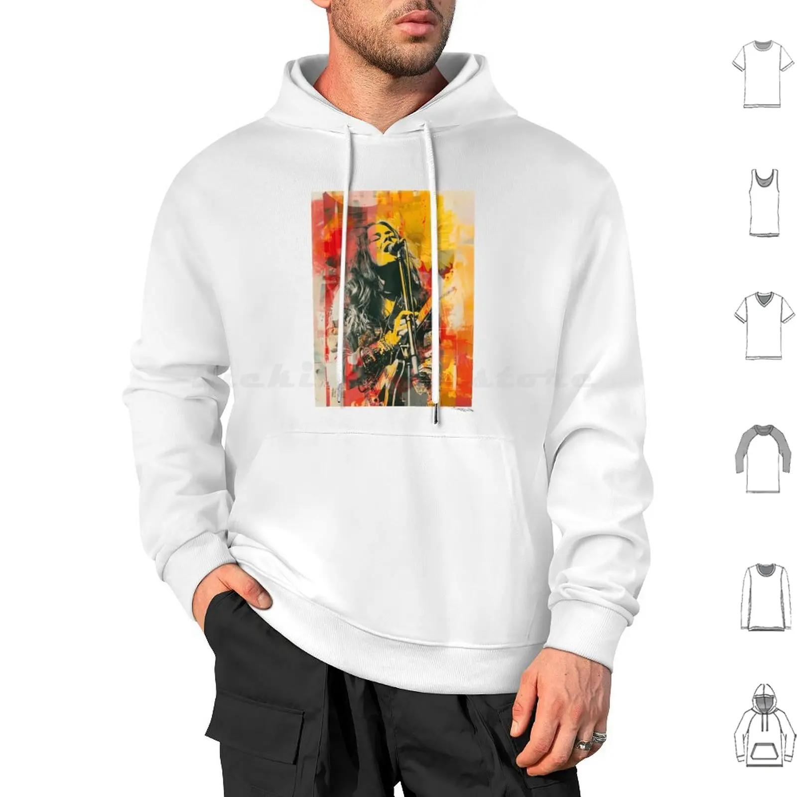 Janis Hoodies Long Sleeve Music Electric Guitar Iconic Musician Vibrant Colors Abstract Art Expressionism Retro Style