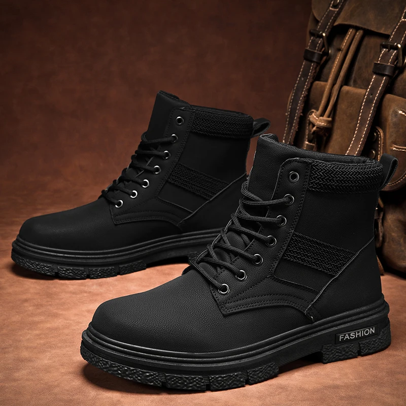 Men Ankle Boots Platform High Top Black Motorcycle Boot Trendy All-match Fashion Water Proof Wear-resistant Outdoor Elastic