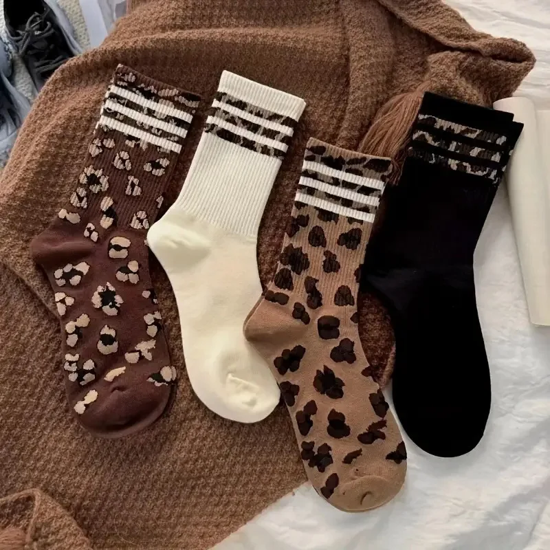 4 Pairs Women's Mid Length Socks with Korean Speckled Leopard Print Spring and Autumn Long Socks Set Fall Socks for Girls 2025