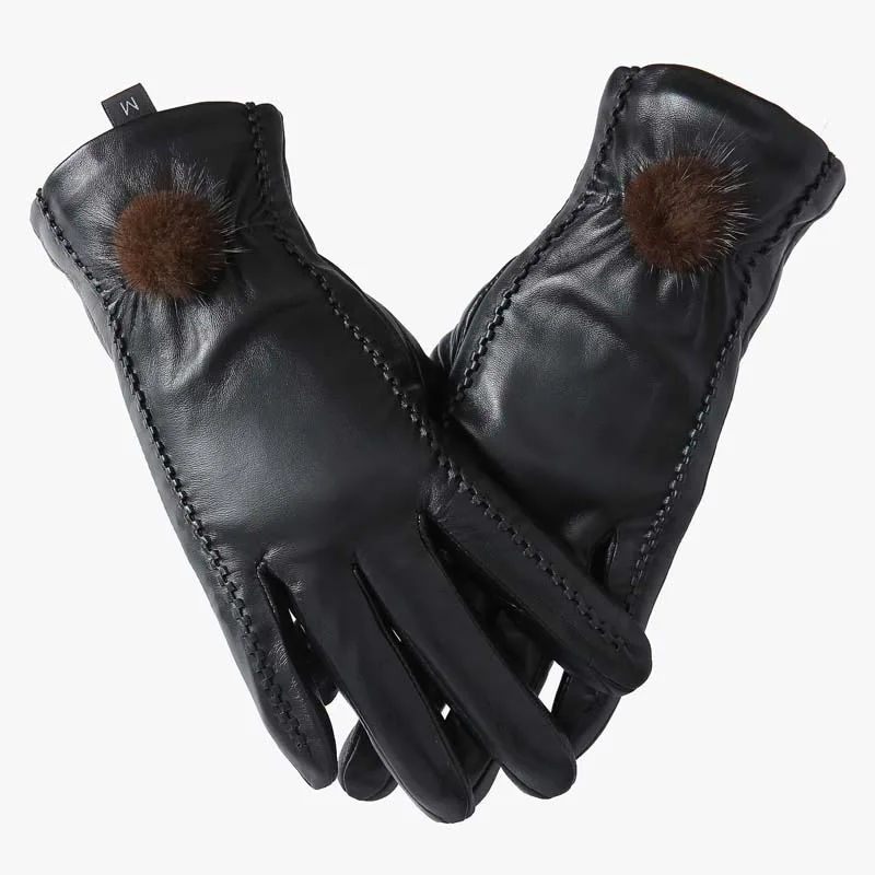 Women's Real Lambskin Leather Gloves, Warm, Fleece Lined, Touch Screen, Mink Fur Ball, Attached, Classy, Black, Winter