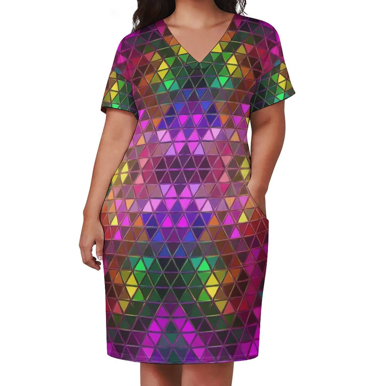 Glowing Triangles Mosaic Pattern Loose Pocket Dress evening dress Party dresses women