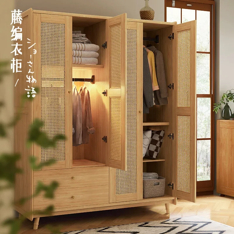 Nordic solid wood wardrobe, rattan weaving, Japanese log style, three-door, four-door, side-by-side wardrobe, retro homestay war