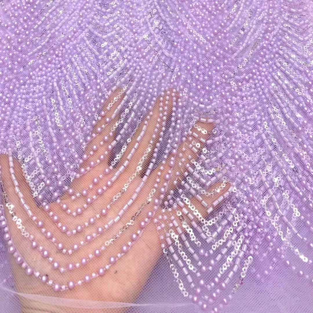 Luxury African Purple Wave Embroidery Lace Fabric Beaded Sequins Nigerian Tulle Lace For Wedding Party Dress Sewing by 5 yards