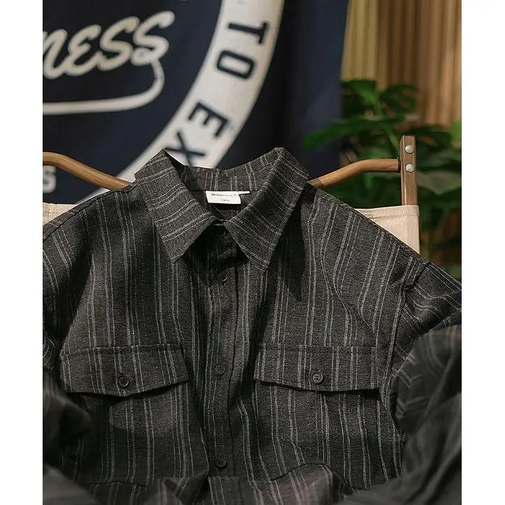 

Ретро-японская полосатая рабочая одежда для мужчин: повседневная свободная рубашка с длинным рукавом и воротником, модная, из полиэфирного волокна, для весны и осени, молодежная мода