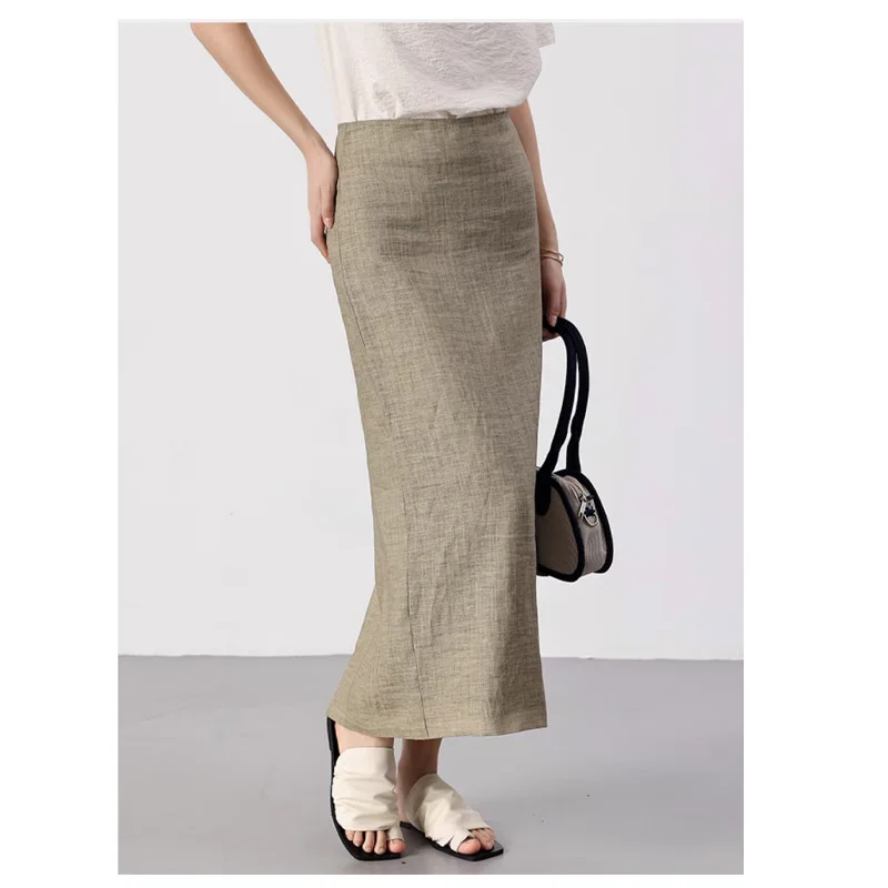 Fengbaoyu Flax Spring and Summer Women's Skirt Khaki High Waist Slimming A-line Slim-fit Full-length Skirt Elegant Temperament