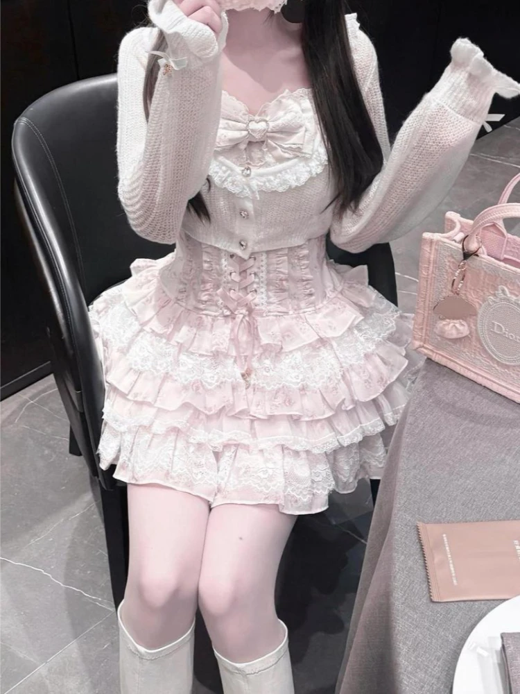 Japanese Sweet Kawaii 2 Piece Set Women Long Sleeve Knit Cardigan + Pink Lace Floral Tiered Dress Casual Lolita Chic Outfits image 2