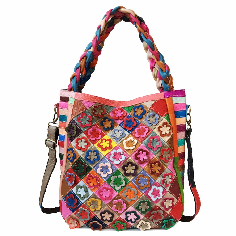 TEELYNN Vintage Gypsy Hippie Floral Multi Colored Bag Women Luxury Genuine Leather Oversized Bags Large Capacity tote handbag