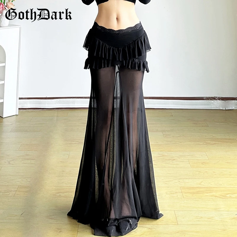 

Goth Dark Hotsweet Mesh Patchwork See Through Long Skirt Women Alt Bottoms Y2K Ruffles Package Hip Skirts Mall Gothic Streetwear