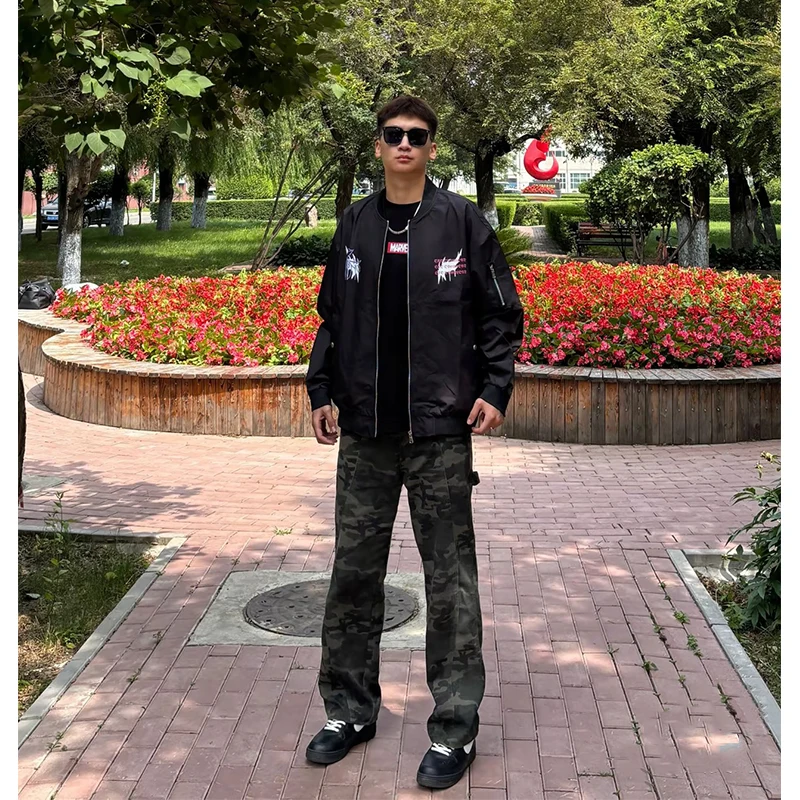 

Американские камуфляжные рабочие брюки для мужчин, осенние, с деконструированным дизайном, прямые джинсы в уличном стиле для подростков