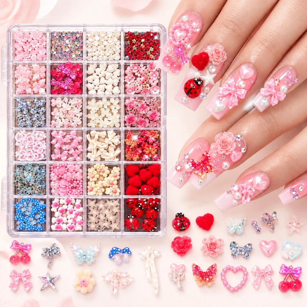 24Grids Multi-shape Nail Rhinestones 3D Resin Ladybug Flower Bowknot Cherry Nail Embellishments For Beginner DIY Nail Art Decor