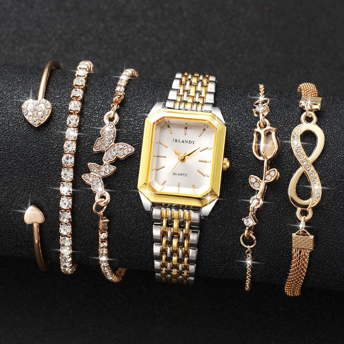 6PCS Elegant Rectangle Women Watches Rhinestone Bracelets Set Fashion Ladies Quartz Wristwatch Reloj Mujer (Without Box)