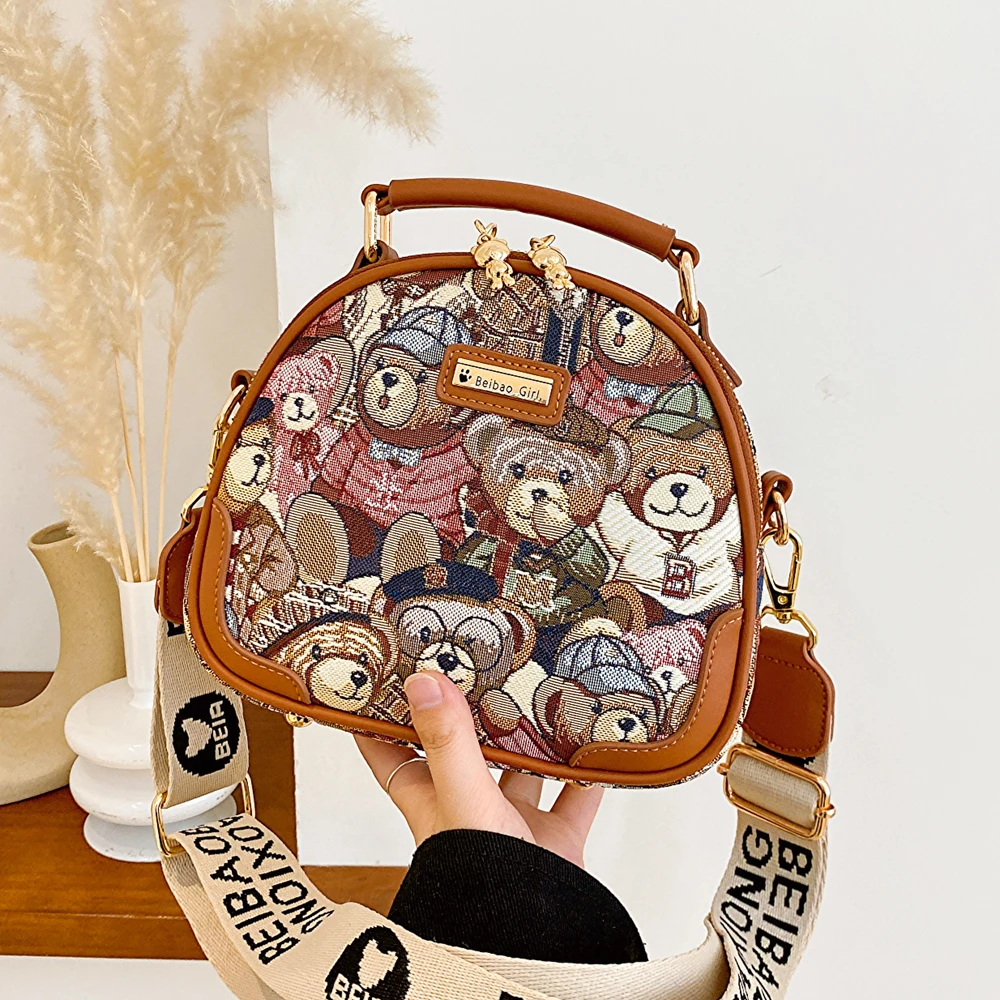 Fashion Bear Jacquard Pattern Women's Shoulder Bag Circular 2023 Trend Crossbody Bag For Girl round Lady Messenger Bag Handbag