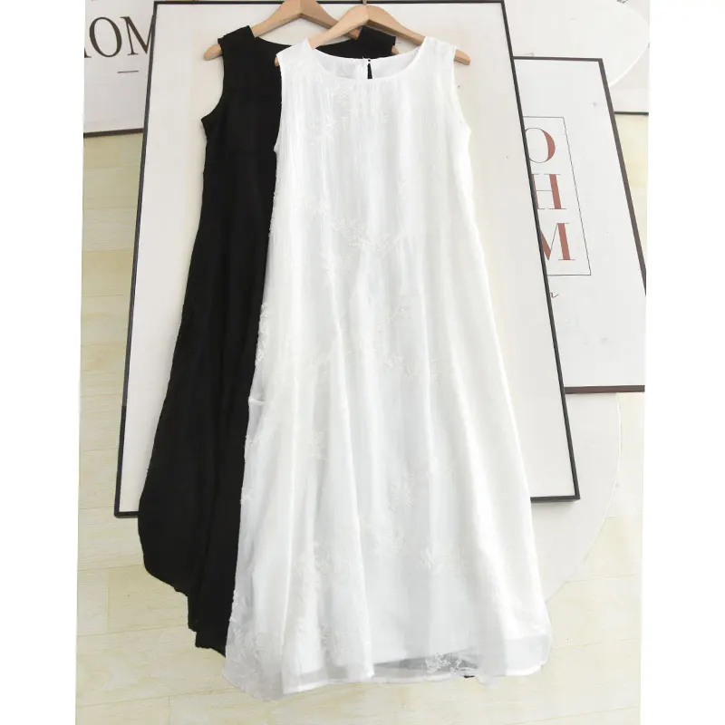 

Ele White Embroidered Vest Dr round Ne Loose A-Line Svel Midi Length Summer Faion Women's Dr