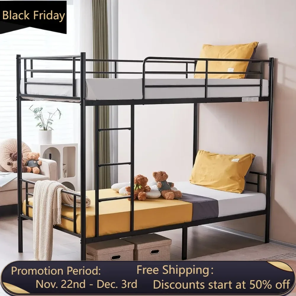 Black Bunk Bed Twin Over Twin, Metal Bunk Bed with Built-in Ladder and Safety Guardrail, Space-Saving Twin Bunk Beds for Kids