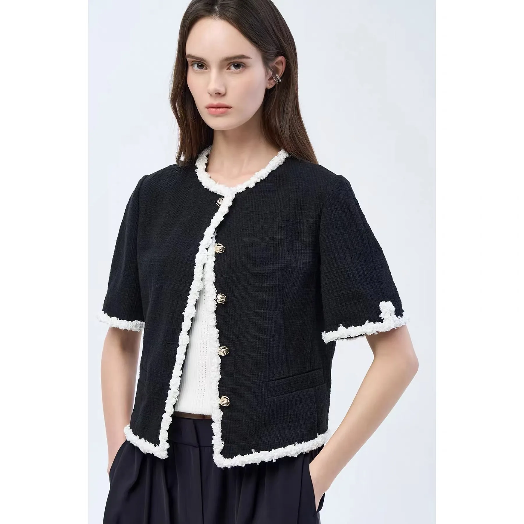 

Lemon Cheese OBZ26 Spring Summer Fashion round Neck Color Block Short Sleeve Coat Elegant Atmosphere Commute Style Women...