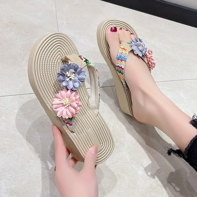 Women Slippers Summer Platform Wedges Mid Heels Flower Peep Toe Fashion Anti-slip Beach Outdoor Soft Flip Flops Zapatos De Mujer - Image 3
