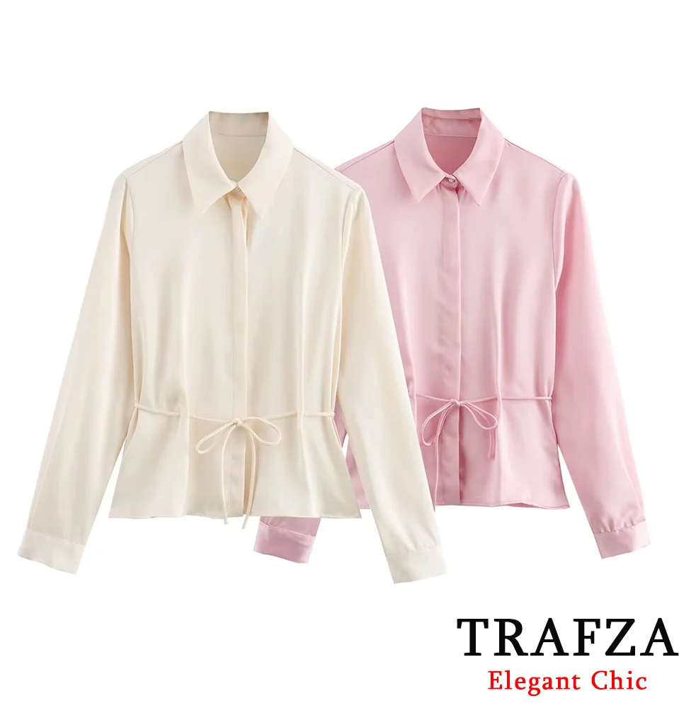 TRAFZA Elegant Satin Lace-Up Shirt Women New 2024 Spring Summer Fasion Vacation Office Shirt Solid Buttons Lapel Shirt