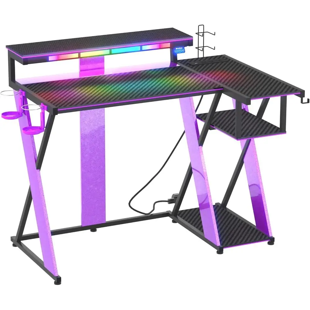 Escritorio esquinero Black Purple Flow Vibe: iluminación de sincronización de música, soporte para monitor, almacenamiento para PS5, soportes para tazas y auriculares para dormitorio compacto