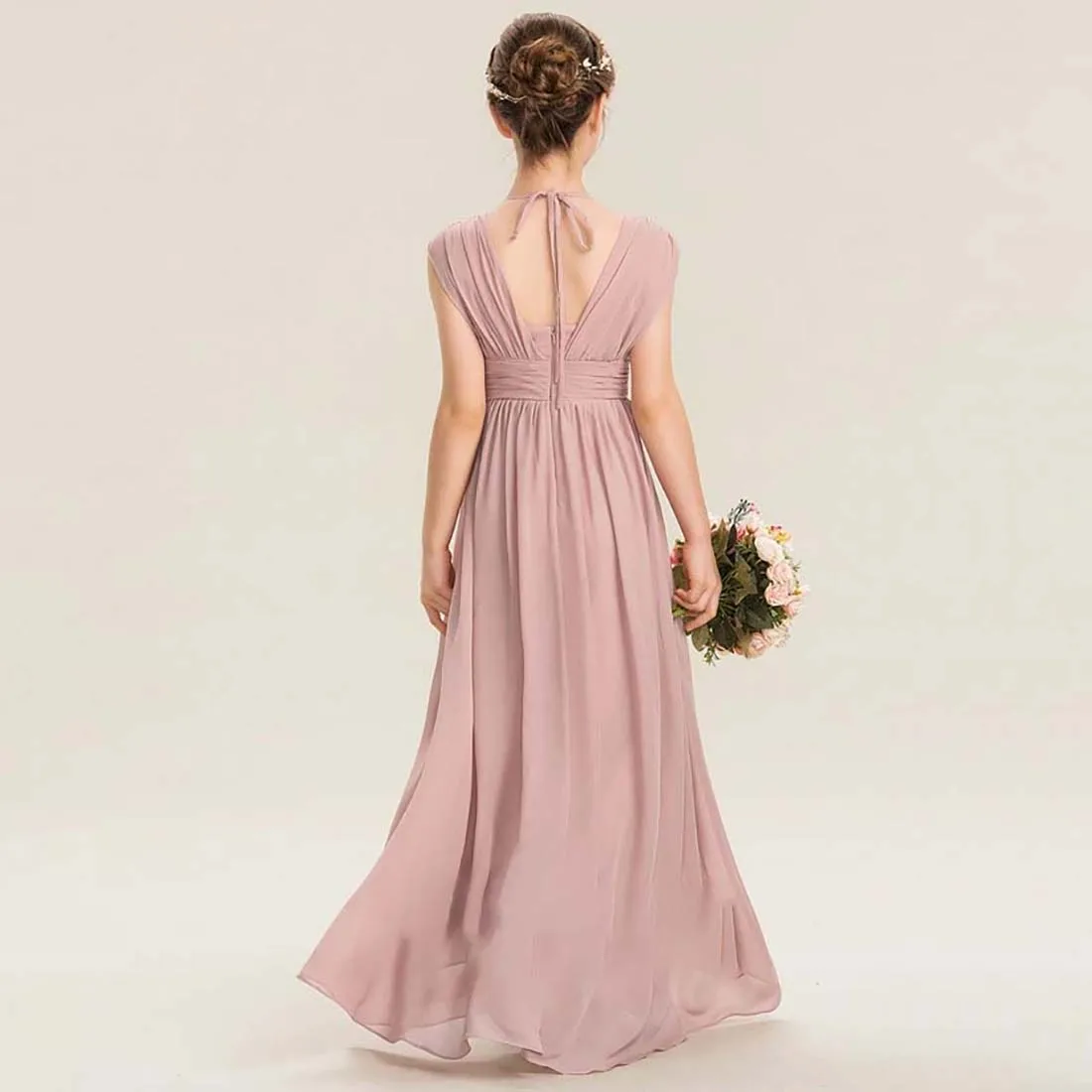 YZYmanualroom Chiffon Junior Bridesmaid Dress With Bow A-line V-Neck Floor-Length 2-15T