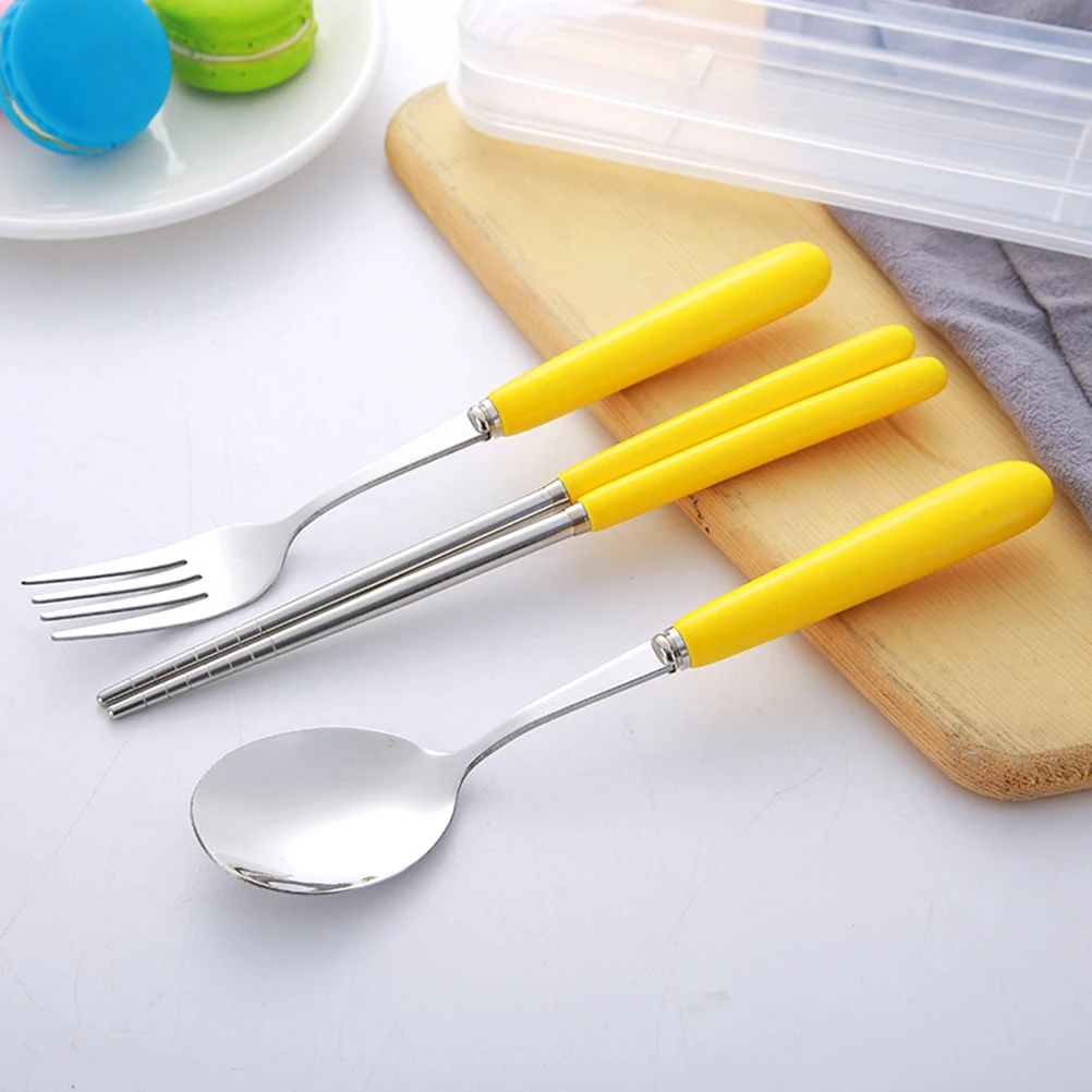 

Cutlery Three-piece Set of Chopsticks Forks and Spoons Portable Tableware Stainless Steel Camping Dinner Service Yellow Student