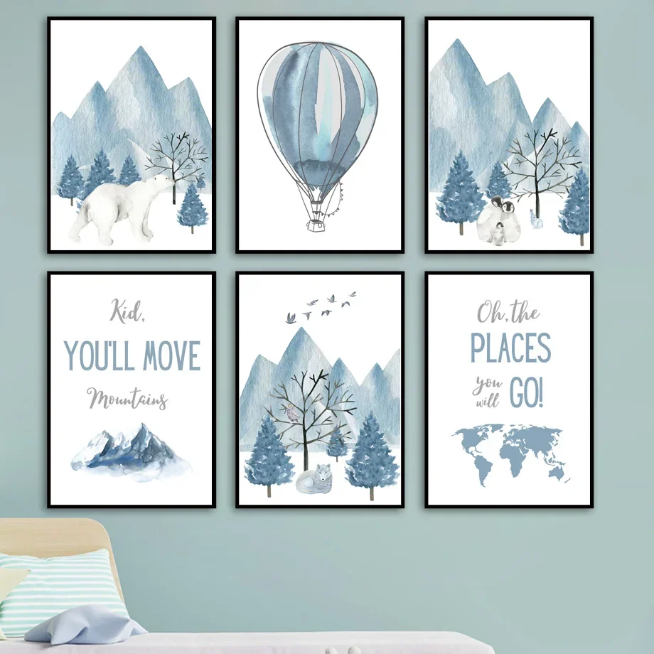 Canvas Wall Pictures forKid Room DecorPolar Bear, Penguin, Snow Rabbit, Wolf, Iceberg, Mountains, Balloon, World Map, ArtPosters