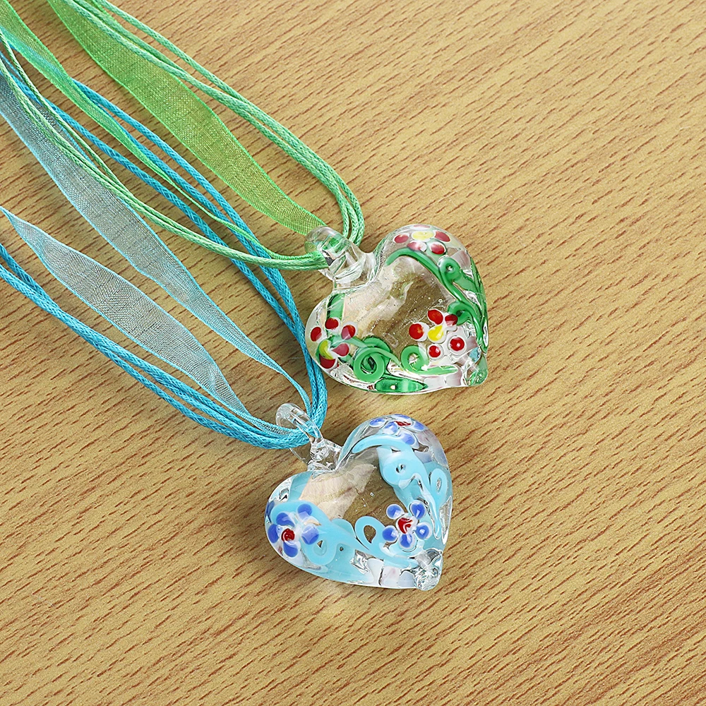 Handmade Murano Lampwork Glass Pendant, Mixed Color, Stripe Heart Pendant, Hot Jewelry Gift, Wholesale, 6Pcs