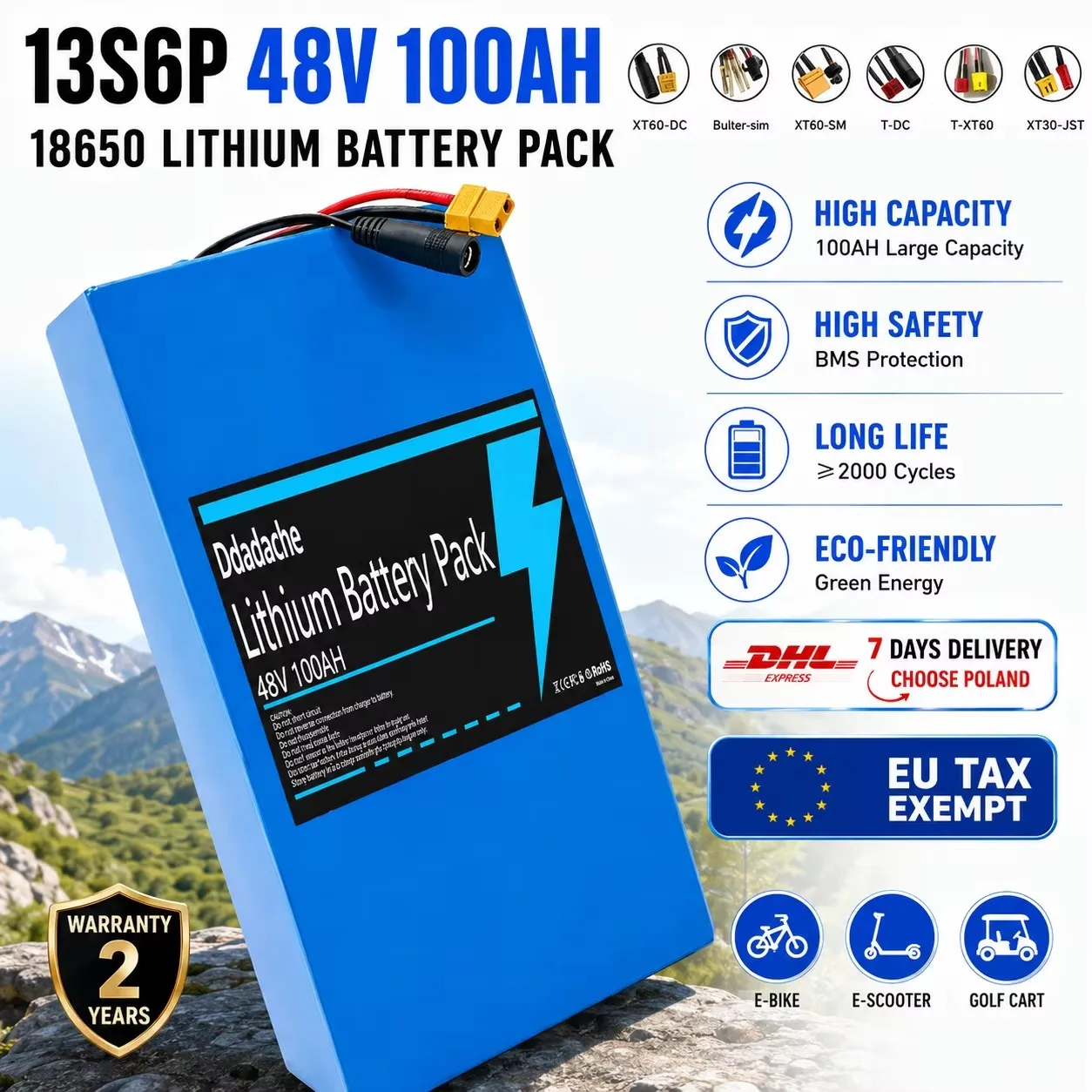Batterie au lithium 100 % neuve et originale 48V 100Ah 13s6p de grande capacité 2000W, adaptée aux batteries de scooter électrique Citycoco et aux batteries de vélo de montagne électrique tout-terrain, avec BMS intelligent intégré + chargeur