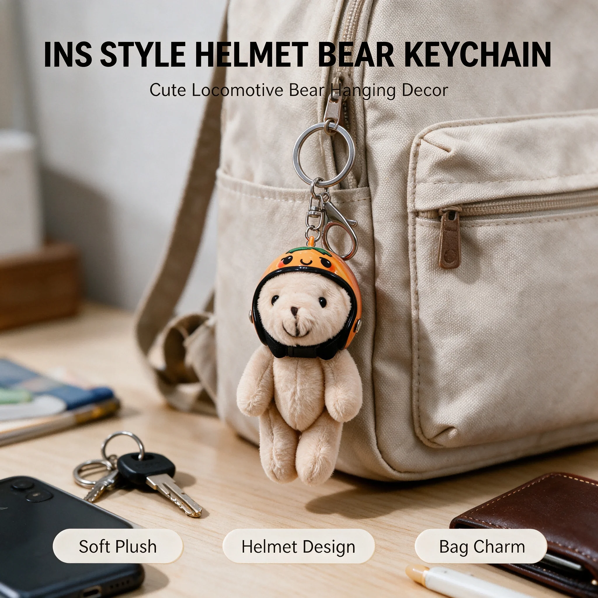 Motorcycle Bear Plush Toys Keychain Cute Helmet Plush Bear Hanging Decoration Charm Keys Backpacks Creative Decorative Ornaments