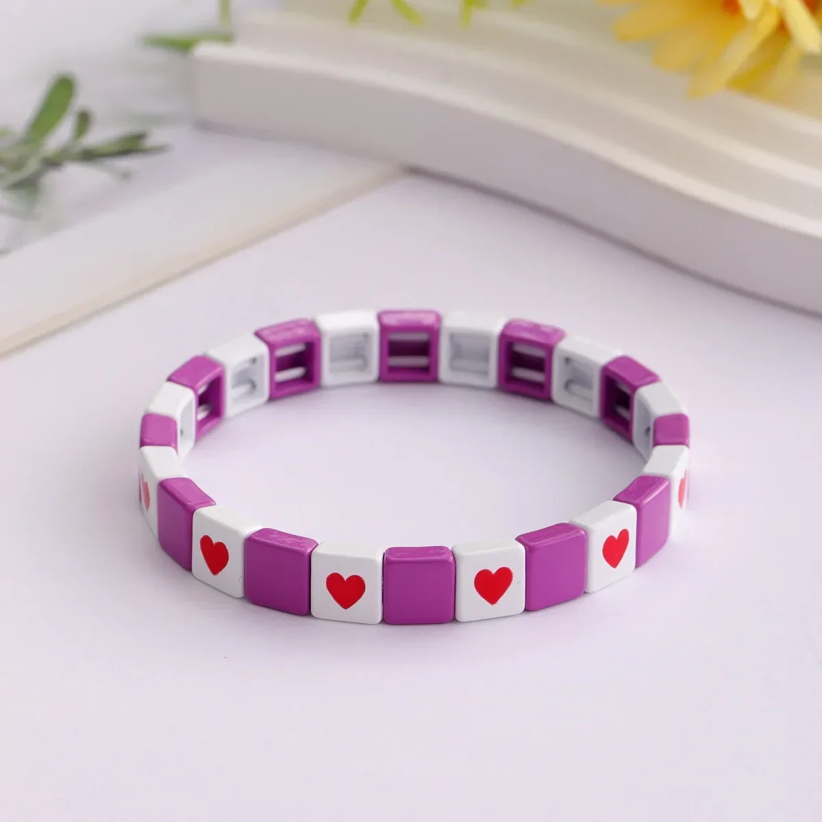 Bohemian Style 2024 New Drop Oil Love Square Beaded Enamel Bracelet Fashion Casual Valentine\'s Day Bracelet Wholesale