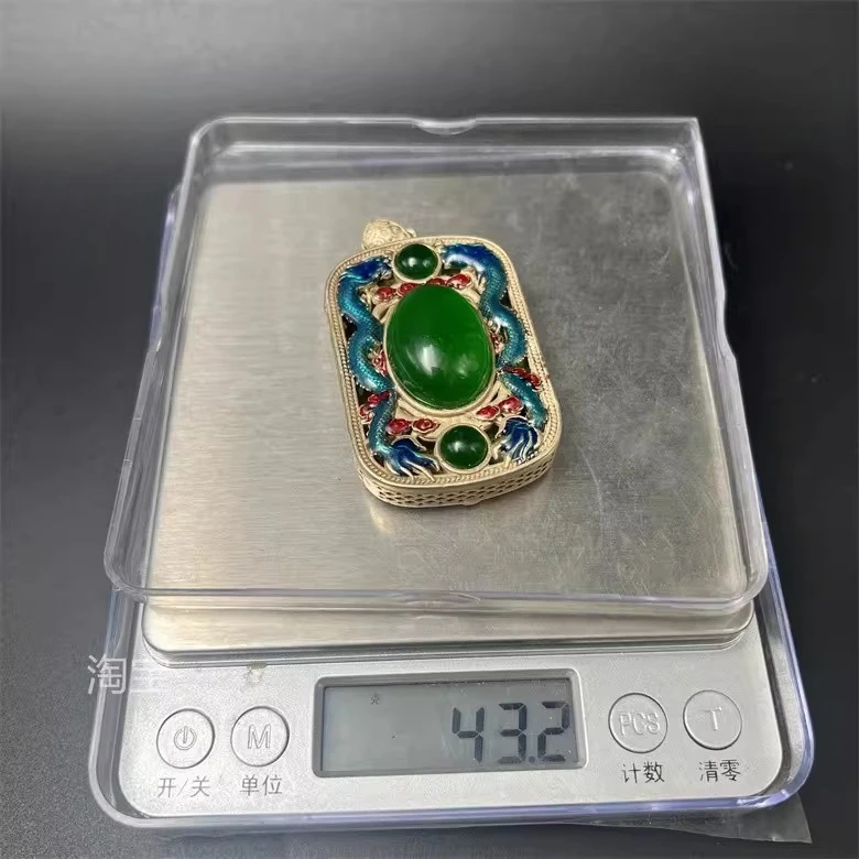 Retro old Tibetan silver cloisonne double dragon play bead pendant Tibetan silver inlaid gemstone hollow accessories chain