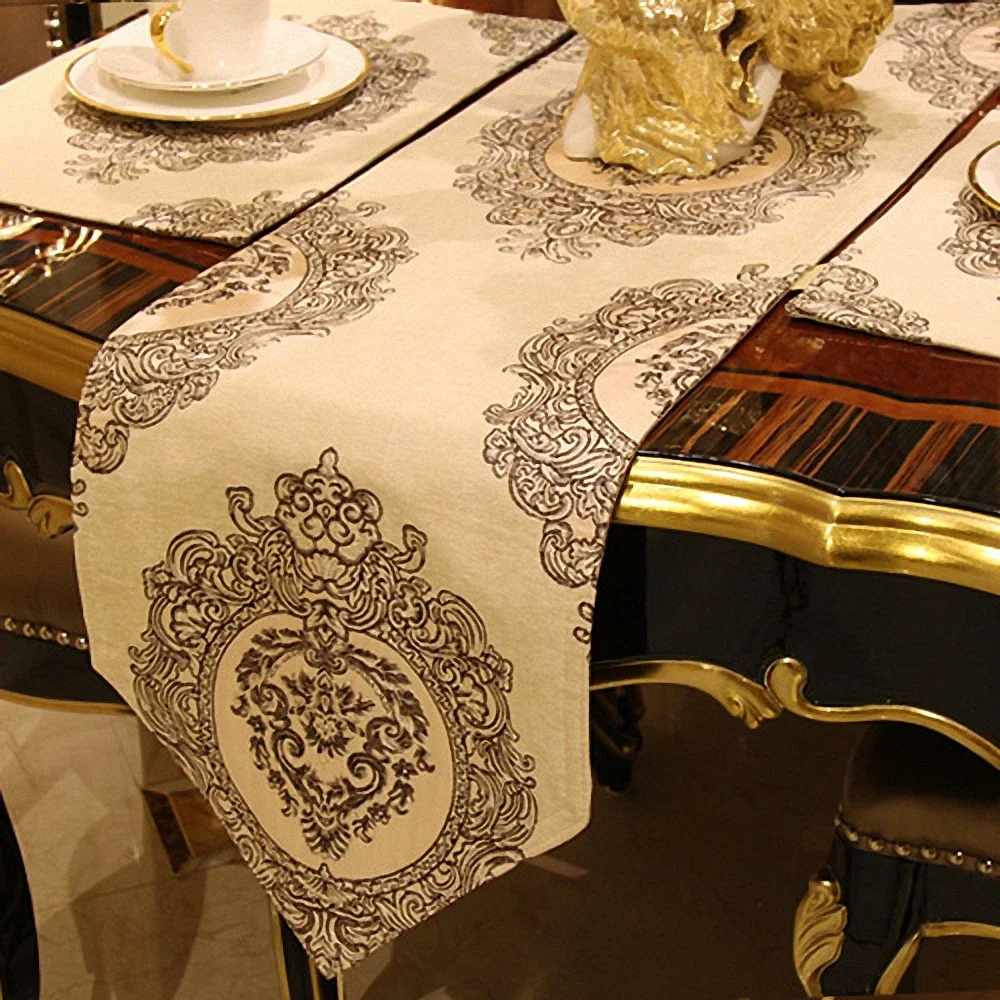 Beige Luxury Jacquard Table Runner High Density 3D Embroidery Tablecloth Table Cover European Classical Dining Table Decoration