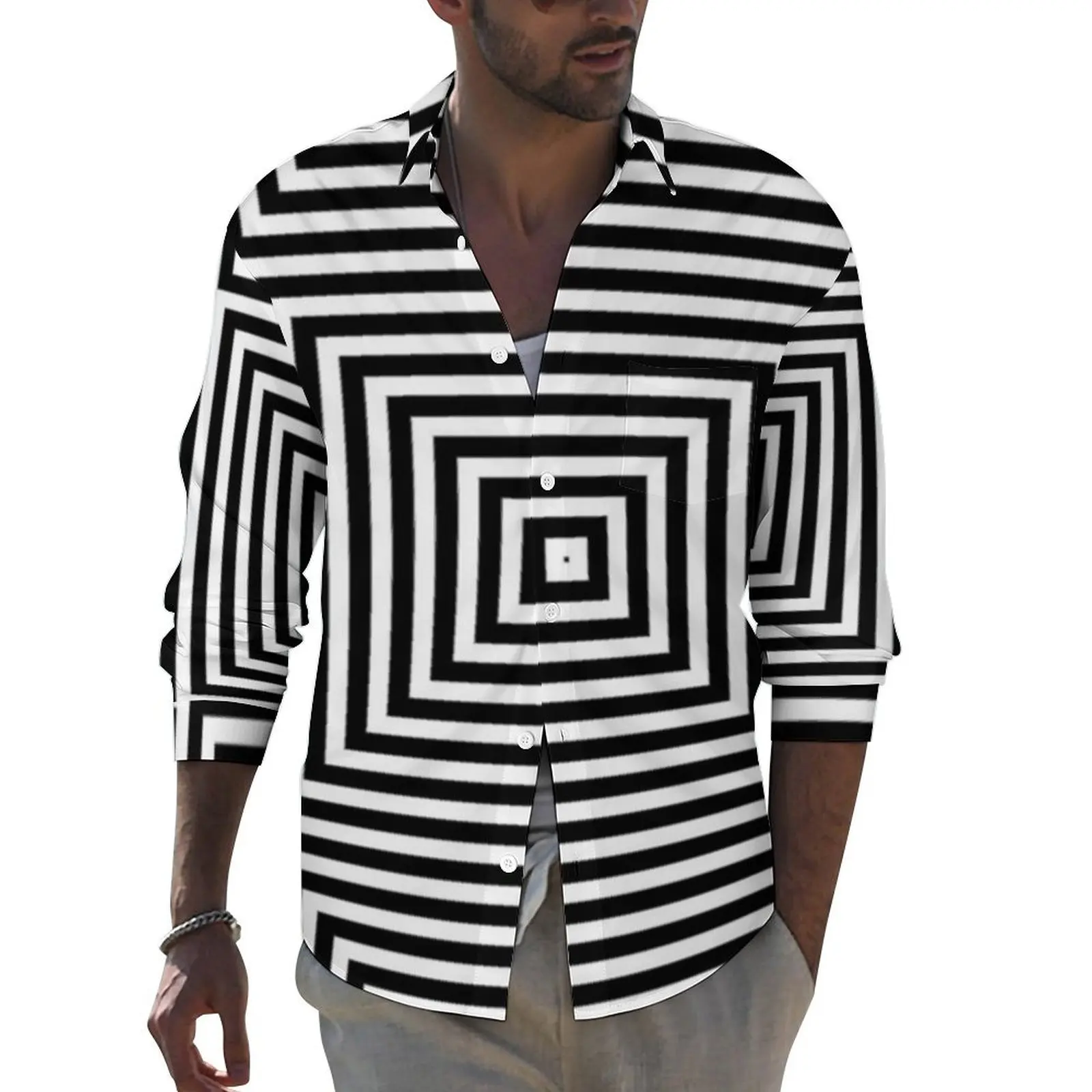 Psychedelic Shirt Autumn Square Optical Illusion Casual Shirts Mens Fashion Blouses Long Sleeve Custom Street Top Plus Size 4XL