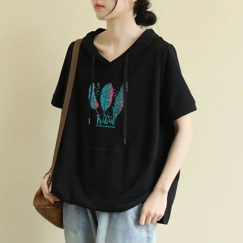 2024 New Summer Korean Version Fashionable Minimalist Print Casual Loose Fit Oversized Pullover Short Sleeved Hoodie for Women