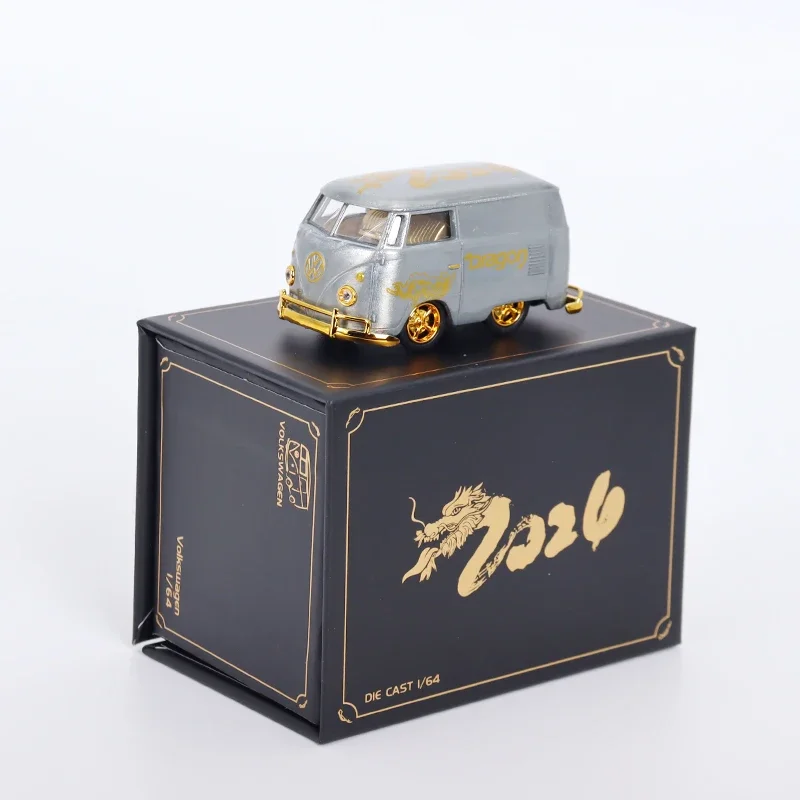 Diecast HY Model 1:64 Scale VW T1 Volkswagen Bus Short Axis Mini Version of The Year of The Dragon Limited Alloy Car Model