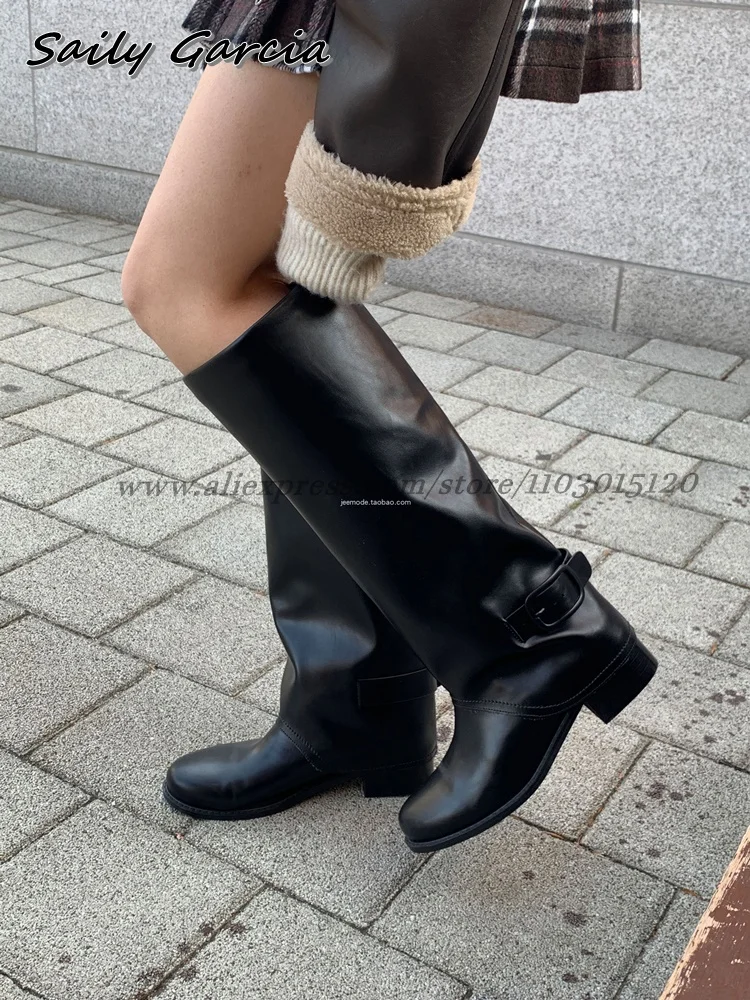 Solid Matte Mid Heel Belt Buckle Strap Knee High Boots Autumn New All-Match knight Boots Round Toe Platform Sexy Women Boots