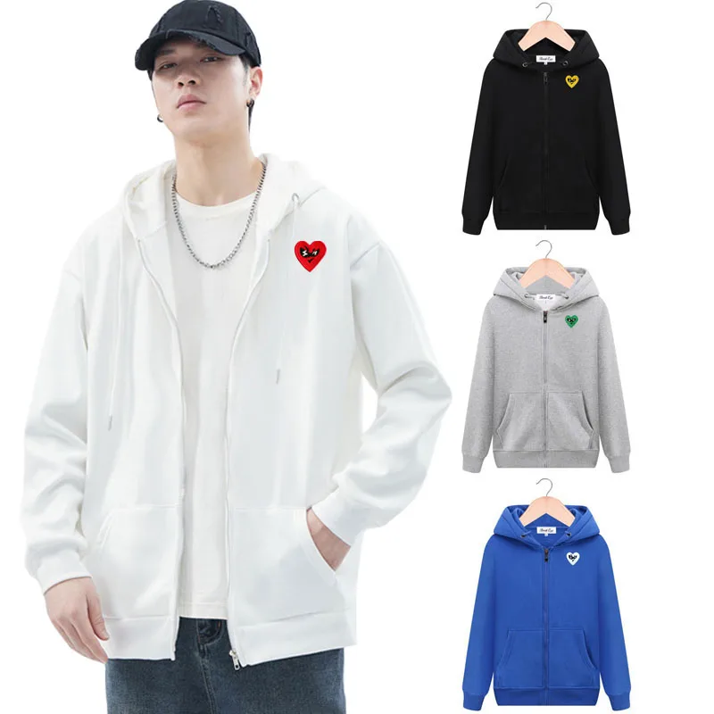 Break Egg Men Hoodie Zipper Cotton Cool Cute Glasses Heart Embroidery Pocket Loose Fleece Casual Autumn Sweater