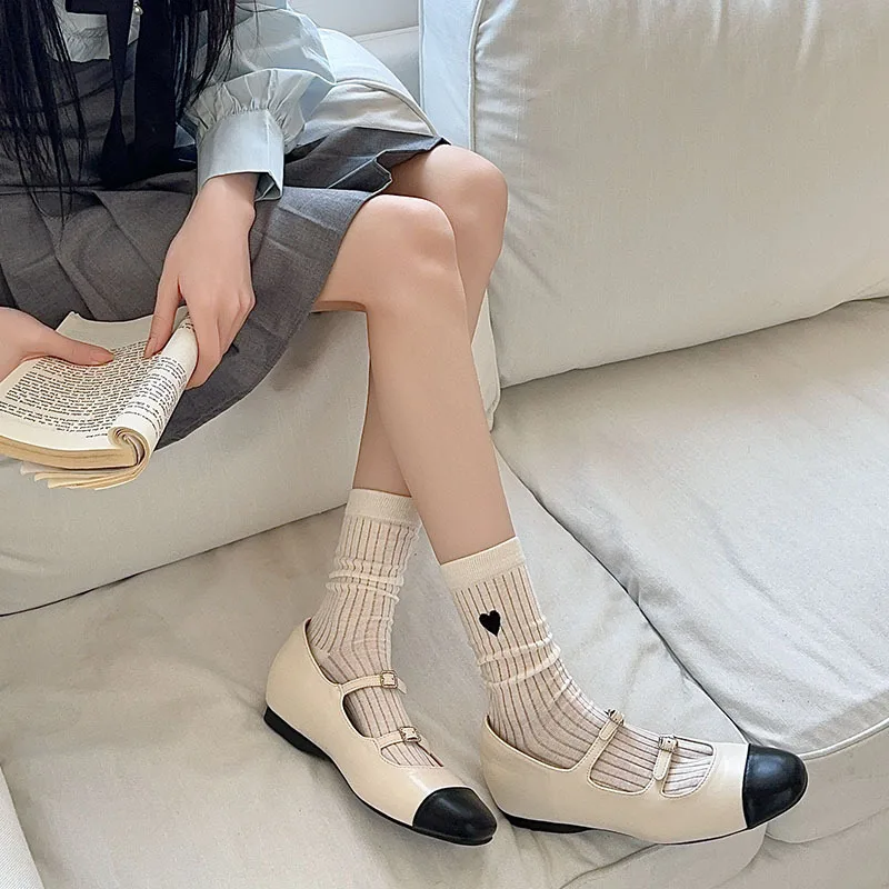 Women Socks Cotton Female Japanese Sweet Style Love Embroidered Mid-tube Spring Summer Thin Cute Girls Solid Color Stripe Socks