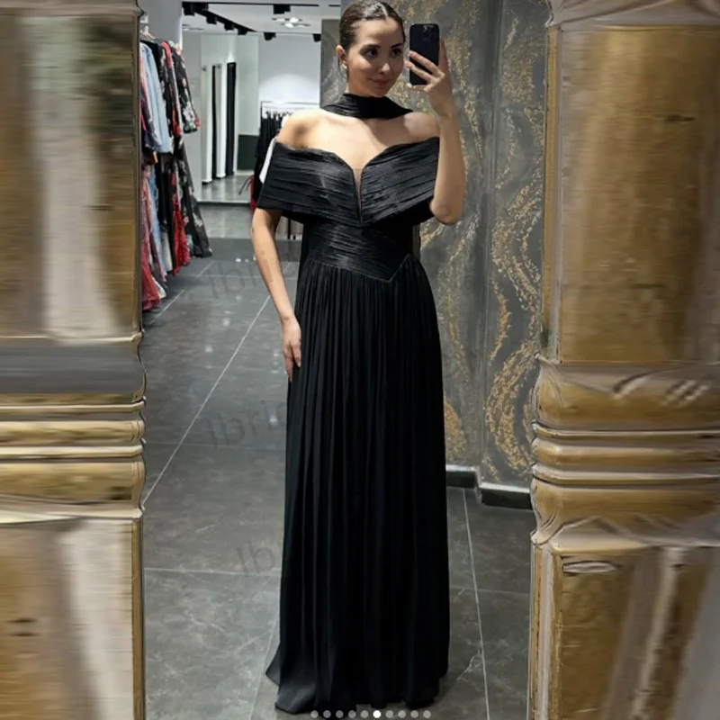 

CustomizedOff The Shoulder Arabic Evening Dress Pleats Crepe Floor Length Muslim Prom Wedding Party Gowns