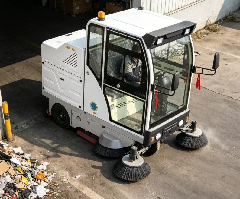 Road Sweeper Machine Enclosed Cabin Electric Ride-on Industrial Floor Sweeper Vehicle for Parking Lots