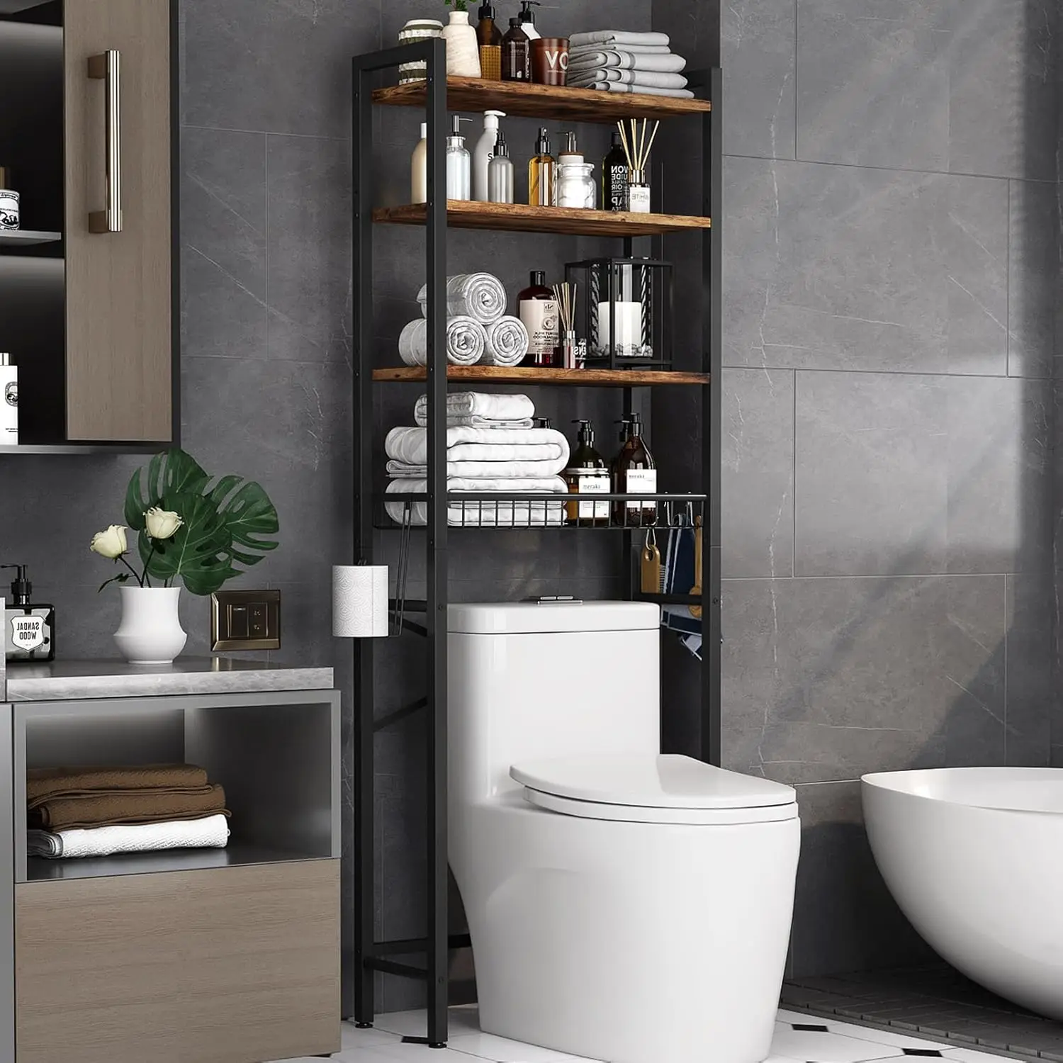 

Over-The-Toilet Storage Rack, 4-Tier Bathroom Organizer Shelf Over Toilet with Adjustable Shelf and Basket, Freestanding Spac