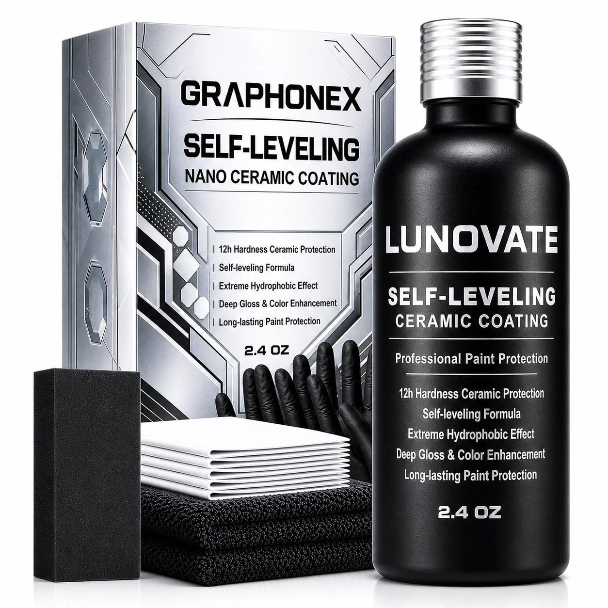 LUNOVATE 12H Ceramic Coating Self-Leveling, Hydrophobic Car Paint Scratch Resistant Nano Gloss 2.4oz