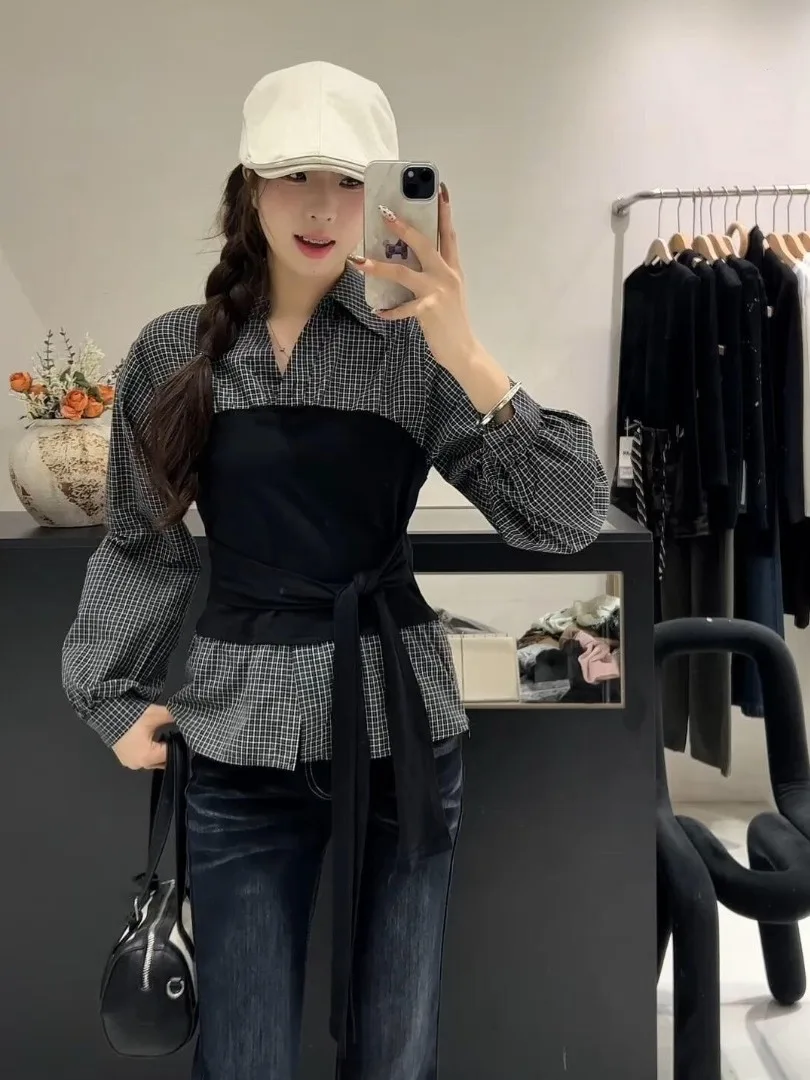 

Новинка весеннего сезона: женская рубашка с длинным рукавом, в клетку, с цветовыми блоками, с поясом, в корейском стиле, для офиса, с эффектом утяжки талии